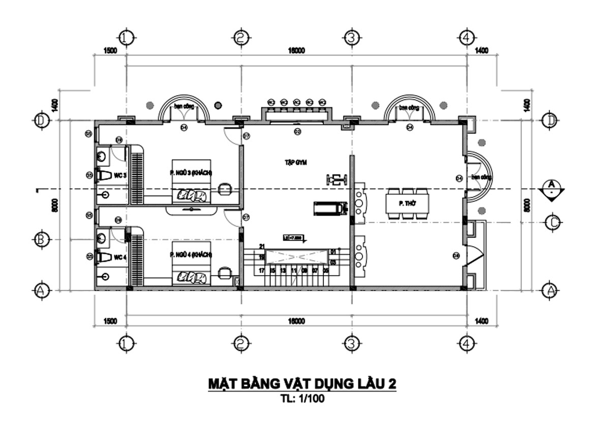 Mặt bằng lầu 2 mẫu nhà biệt thự kiểu Pháp 3 tầng