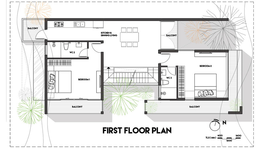 Mặt bằng lầu 1 nhà ngang 7m dài 20m 3 tầng có gara