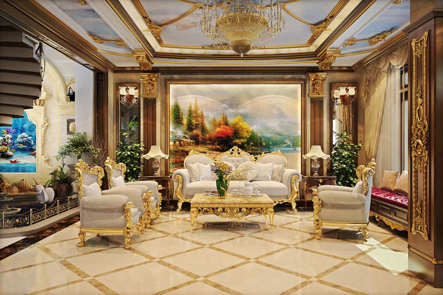 Thiết kế nội thất phòng khách phong cách cổ điển hoàng gia
