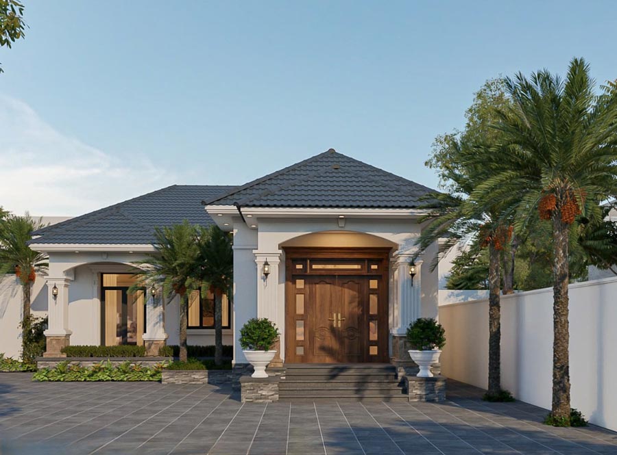 Thiết kế nhà 1 tầng chữ L 2 phòng ngủ