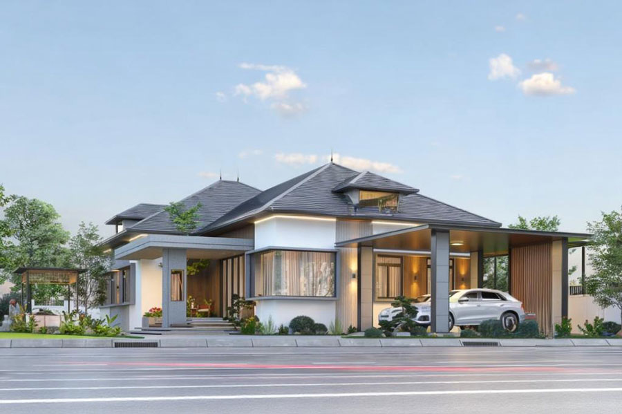 Thiết kế nhà 1 tầng chữ L đẹp phong cách hiện đại