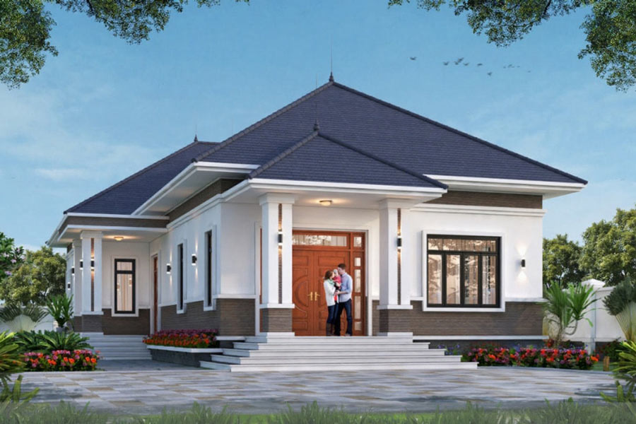 Mẫu nhà chữ L 1 tầng đẹp ở nông thôn mái thái