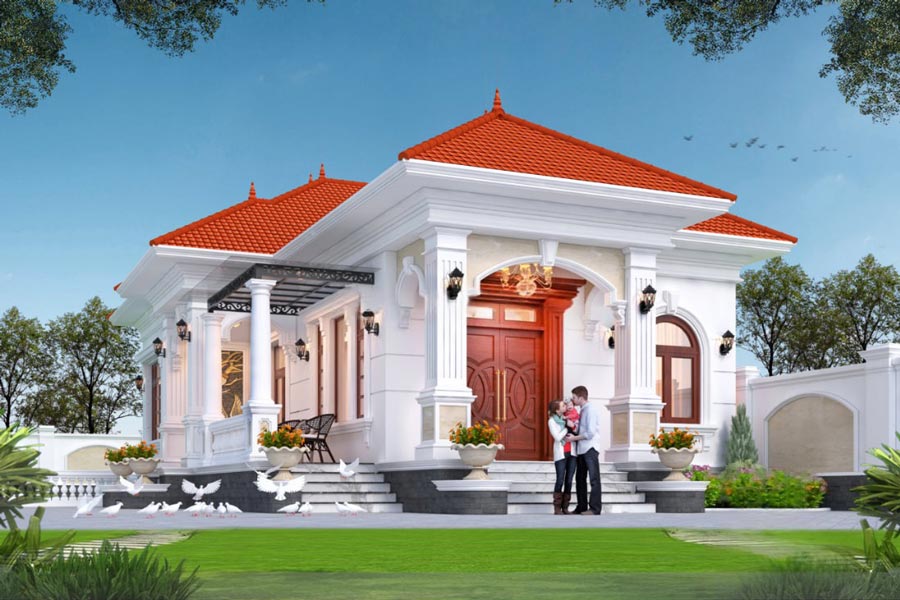 Mẫu nhà chữ L 1 tầng đẹp ở nông thôn tân cổ điển