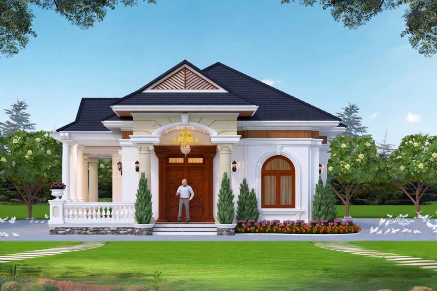 Mẫu nhà chữ L 1 tầng đẹp ở nông thôn tân cổ điển