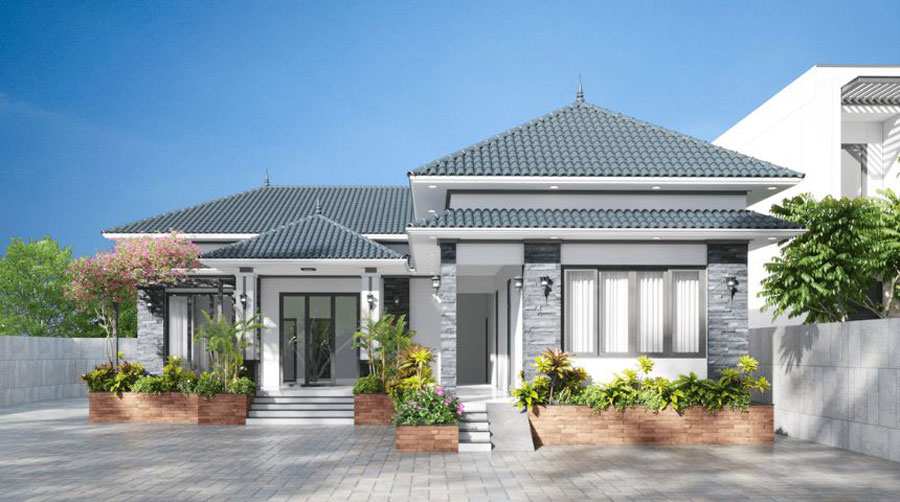 Nhà 1 tầng chữ L mái thái đơn giản