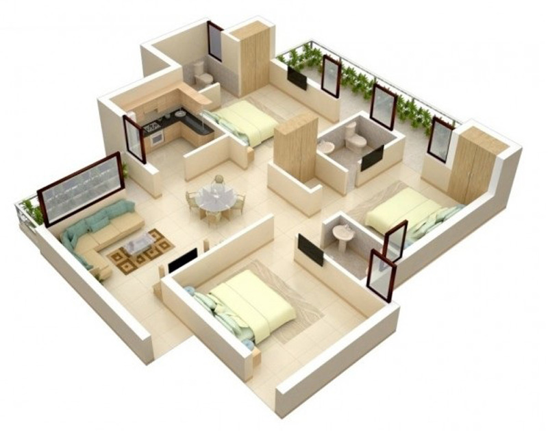 Hình cắt 3D thiết kế nội thất căn hộ 80m2 3 phòng ngủ đẹp tiện nghi