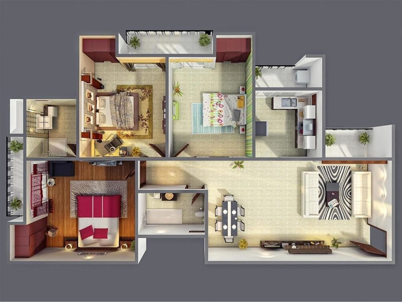 Hình cắt 3D thiết kế nội thất căn hộ 80m2 3 phòng ngủ đẹp tiện nghi