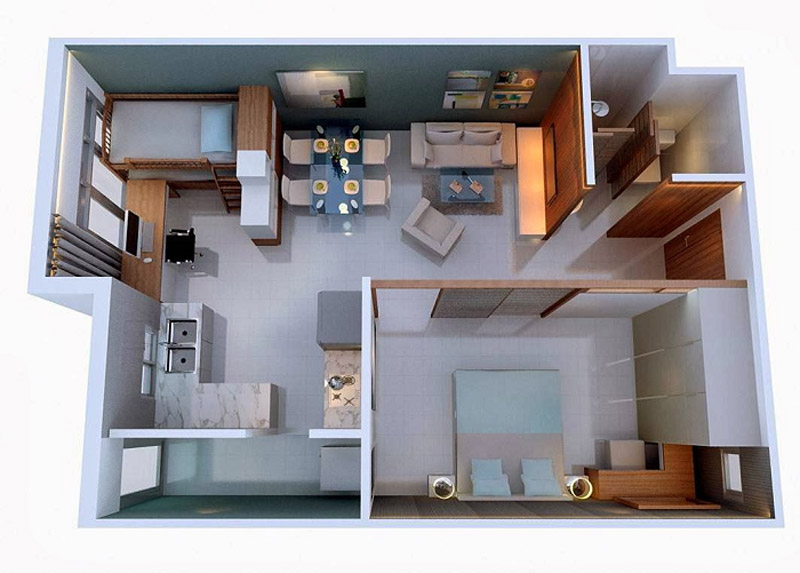Hình cắt 3D thiết kế nội thất chung cư 50m2 2 phòng ngủ