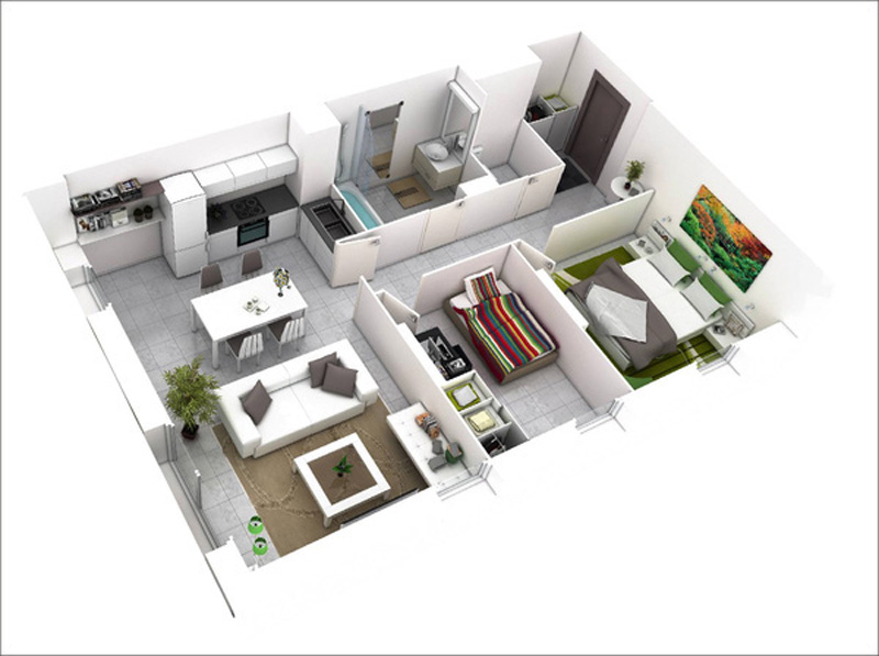 Hình cắt 3D thiết kế nội thất chung cư 50m2 2 phòng ngủ