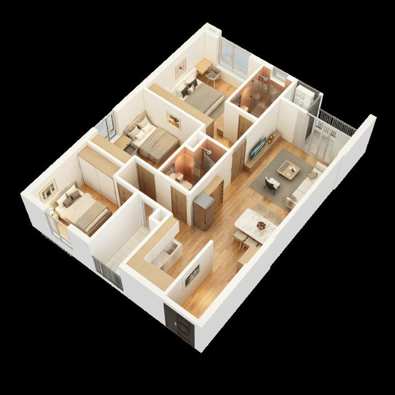 Mô phỏng 3D mẫu thiết kế chung cư 3 phòng ngủ tiêu biểu
