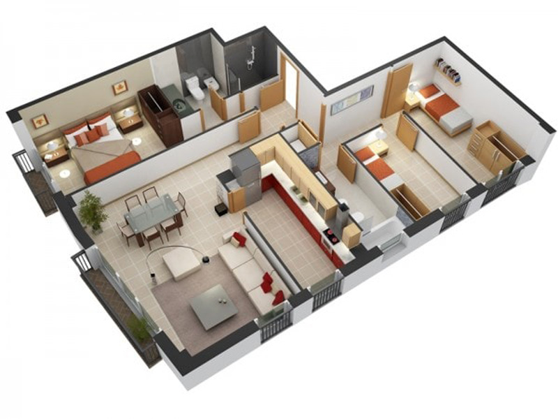 Mô phỏng 3D mẫu thiết kế chung cư 3 phòng ngủ tiêu biểu