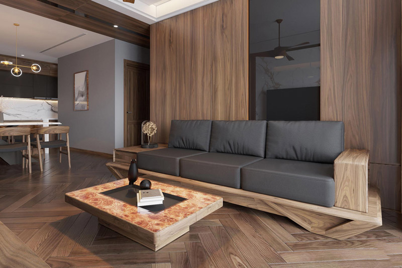 Thiết kế nội thất căn hộ 70m2 gỗ tự nhiên