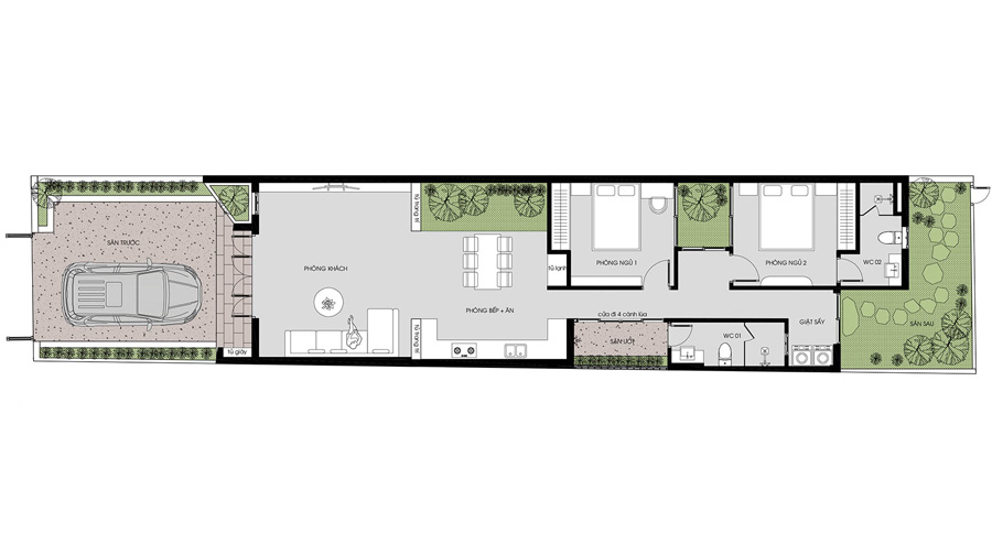 Bản vẽ mẫu nhà ống 1 tầng 5x20m 2 phòng ngủ