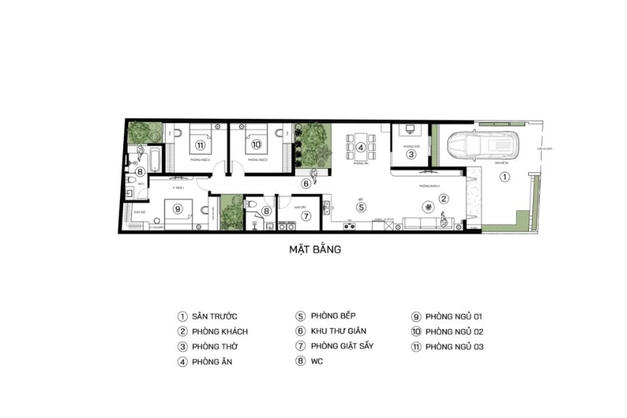 Bản vẽ nhà ống 1 tầng 5x20m 3 phòng ngủ