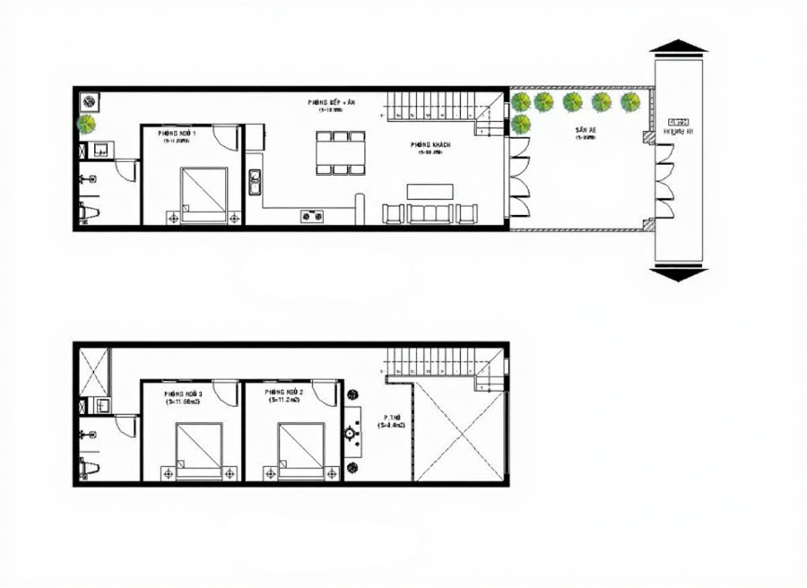 Bản vẽ mẫu nhà ống 1 tầng 5x20m có gác lửng