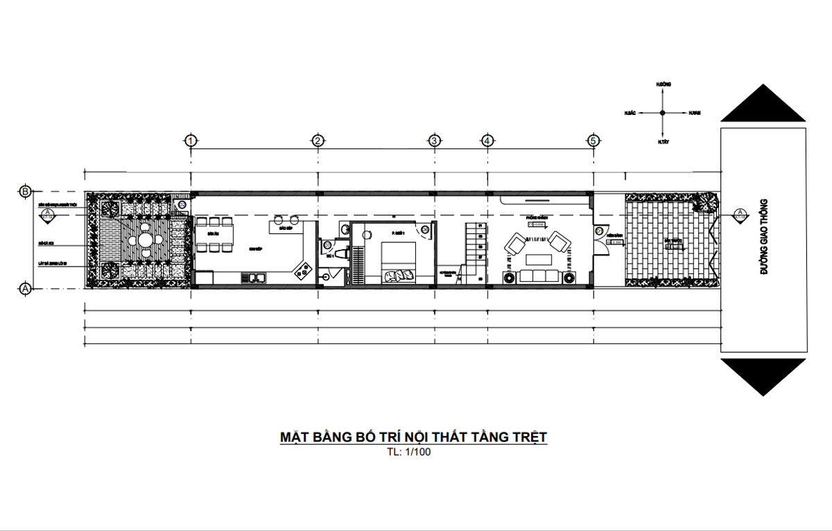 Mặt bằng tầng trệt nhà ống 3 tầng 4 phòng ngủ 1 phòng thờ