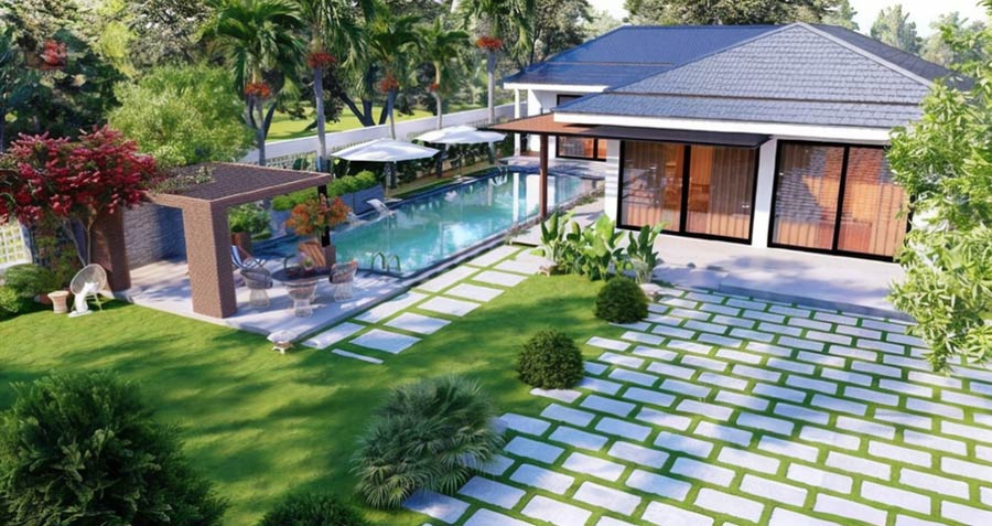 Mẫu nhà chữ l 1 tầng 3 phòng ngủ có hồ bơi