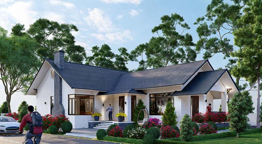 Nhà cấp 4 mái thái 3 phòng ngủ chữ l kết hợp sân vườn