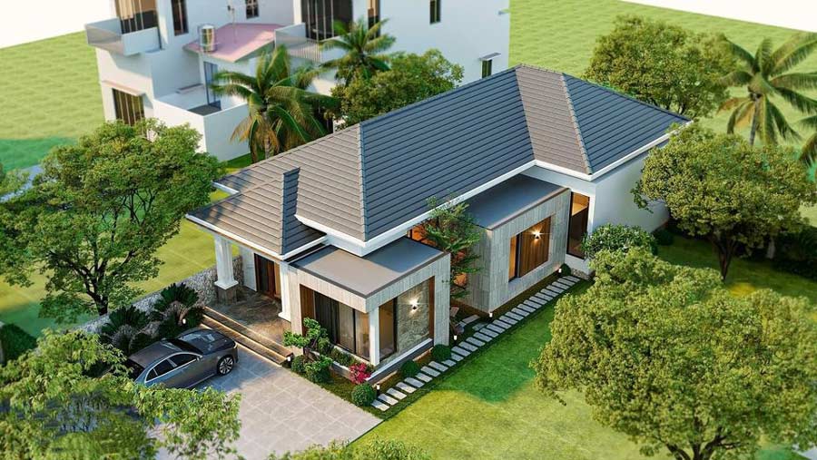 Mẫu nhà cấp 4 chữ l 3 phòng ngủ phong cách hiện đại