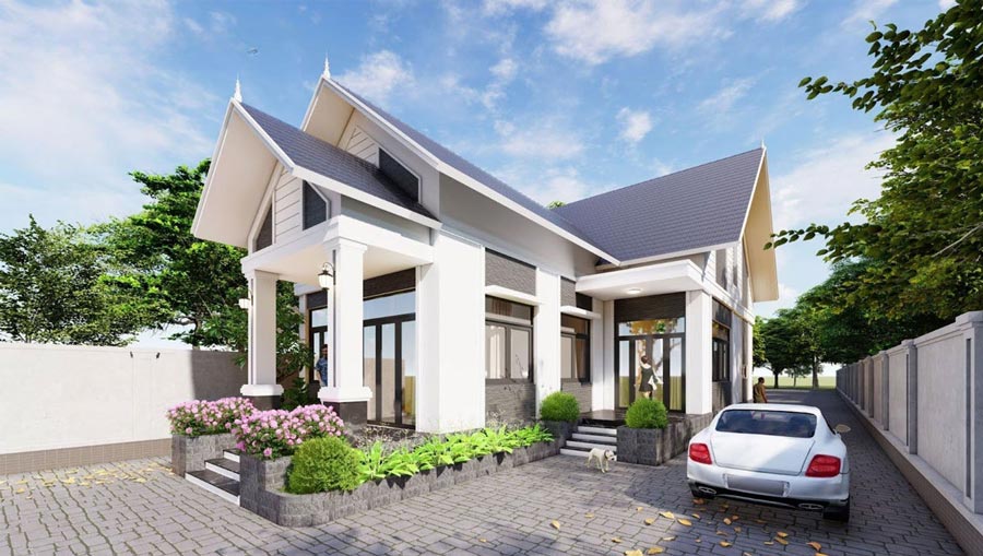 Nhà cấp 4 nông thôn chữ l 3 phòng ngủ phong cách tối giản
