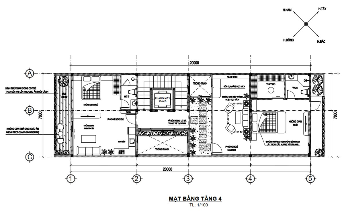 Mặt bằng lầu 3 nhà phố 5 tầng mặt tiền 7m tân cổ điển