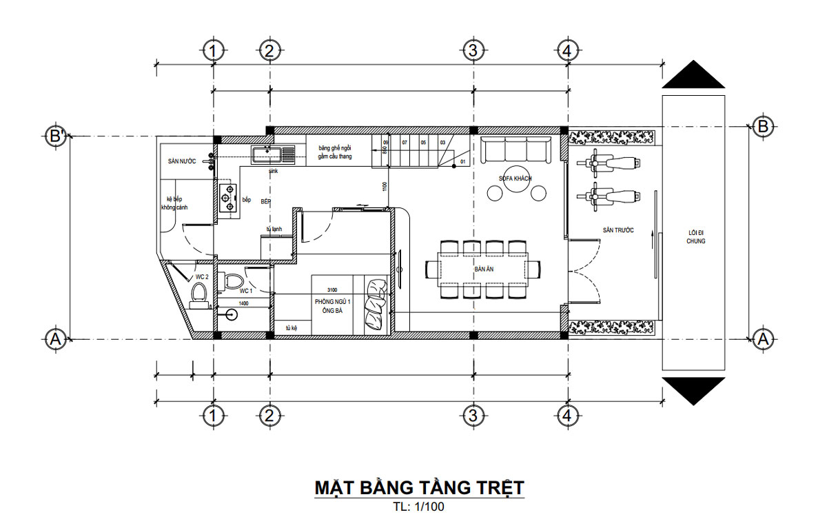 Mặt bằng tầng trệt nhà phố 4 tầng mái thái mặt tiền 6m