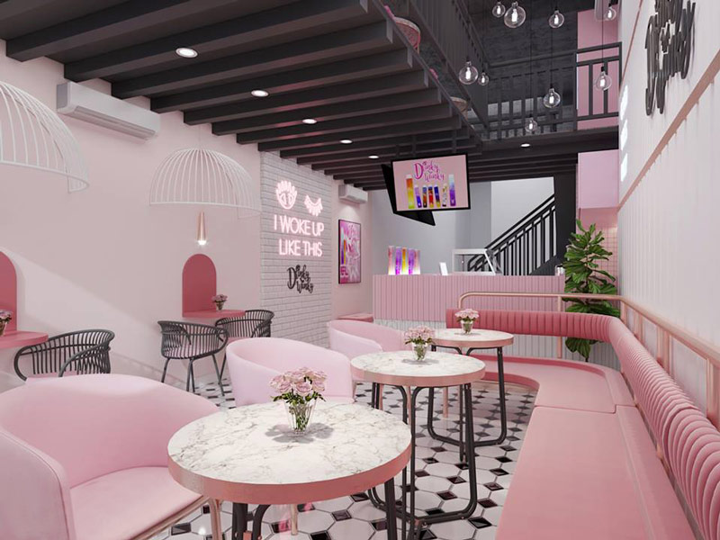 Một số mẫu thiết kế quán trà sữa màu hồng được giới trẻ yêu thích