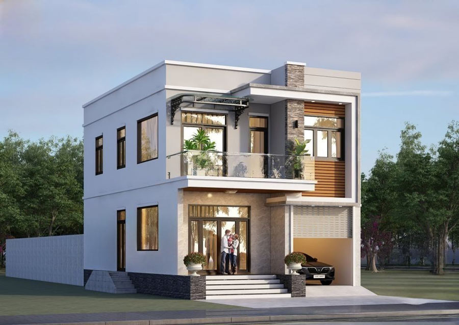 Mẫu nhà phố 2 tầng có gác lửng 4 phòng ngủ