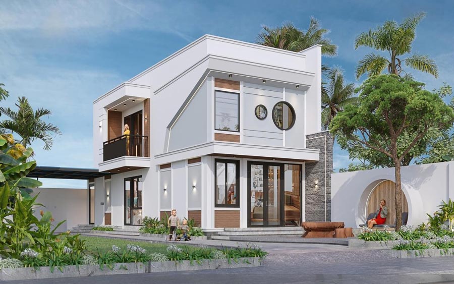 Mẫu nhà phố 2 tầng có gác lửng 4 phòng ngủ