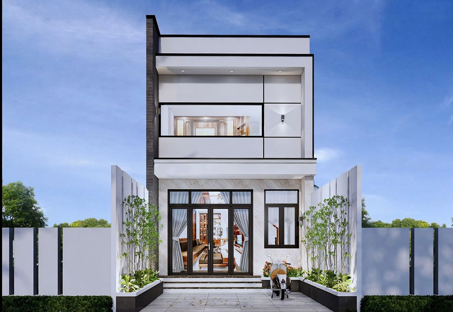 Mẫu nhà phố 2 tầng có gác lửng 4 phòng ngủ