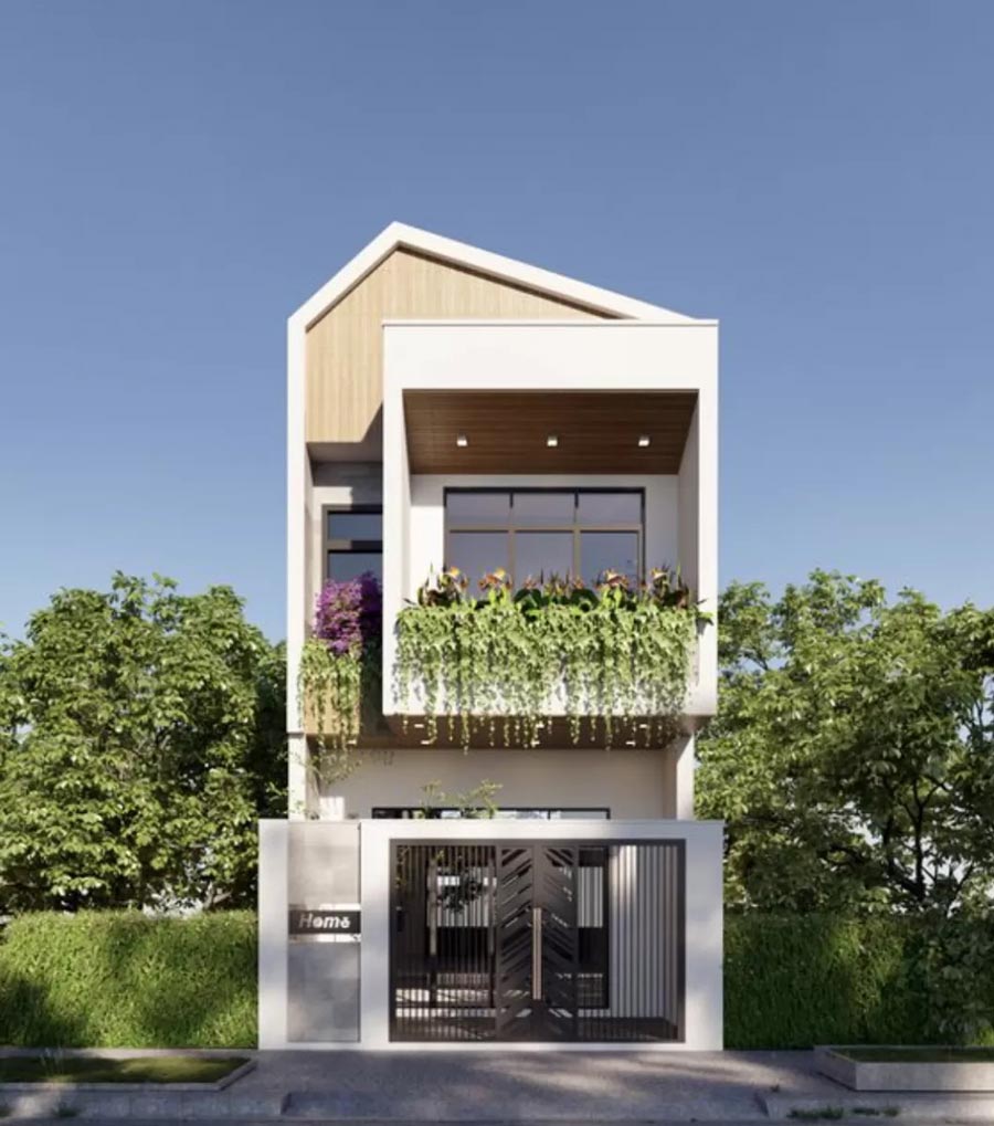 Mẫu nhà 2 tầng có gác lửng đẹp tối giản phù hợp cho vợ chồng trẻ