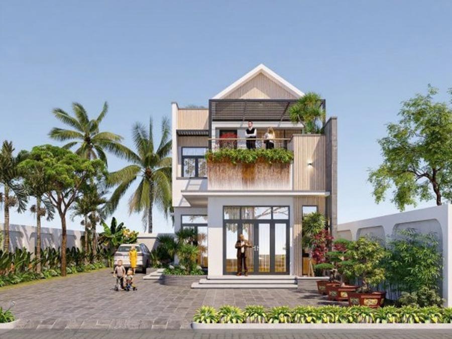Mẫu nhà ống 2 tầng có gác lửng kết hợp sân vườn