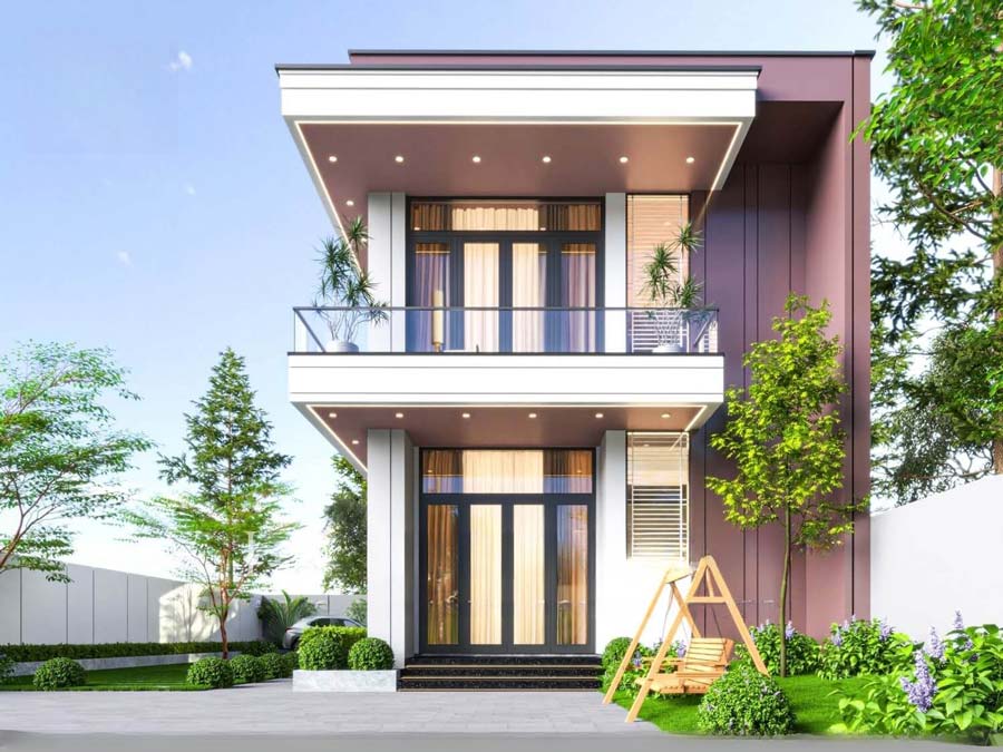 Mẫu nhà ống 2 tầng có gác lửng kết hợp sân vườn