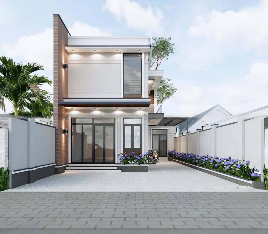 Mẫu nhà ống 2 tầng có gác lửng kết hợp sân vườn