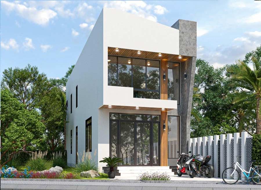 Mẫu thiết kế nhà 2 tầng có gác lửng mái bằng