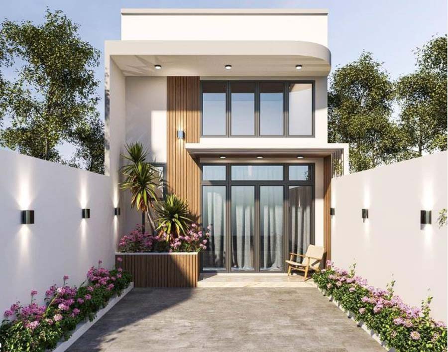 Mẫu thiết kế nhà 2 tầng có gác lửng mái bằng