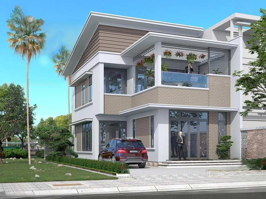 Mẫu nhà 2 tầng có gác lửng mái lệch