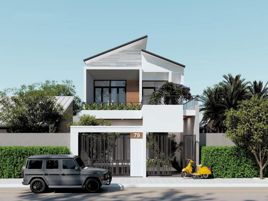 Mẫu nhà 2 tầng có gác lửng mái lệch