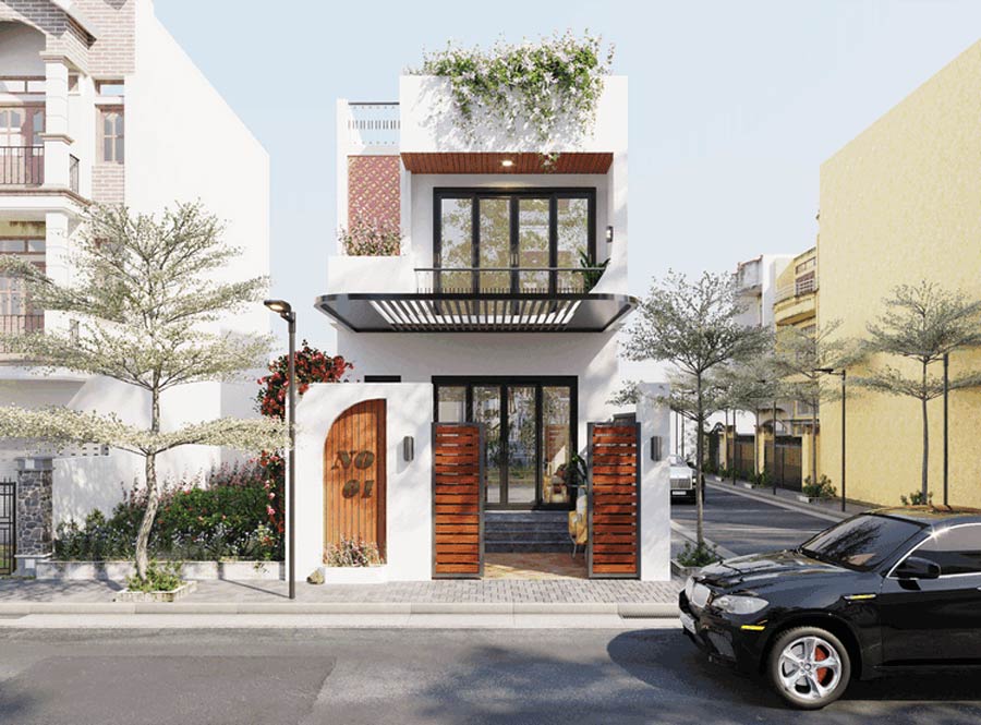 Mẫu nhà 2 tầng có gác lửng phong cách hiện đại