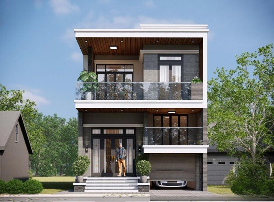 Mẫu nhà phố 2 tầng có gác lửng thiết kế tối giản
