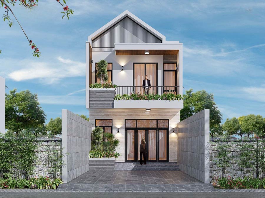 Mẫu nhà phố 2 tầng có gác lửng thiết kế tối giản