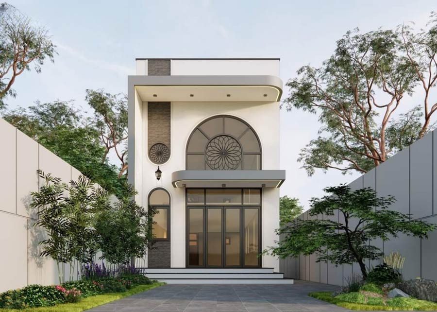 Mẫu nhà phố 2 tầng có gác lửng thiết kế tối giản