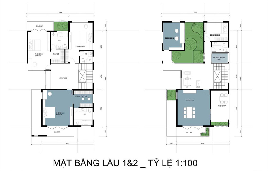 Mặt bằng lầu 1 và lầu 2 biệt thự sân vườn 3 tầng