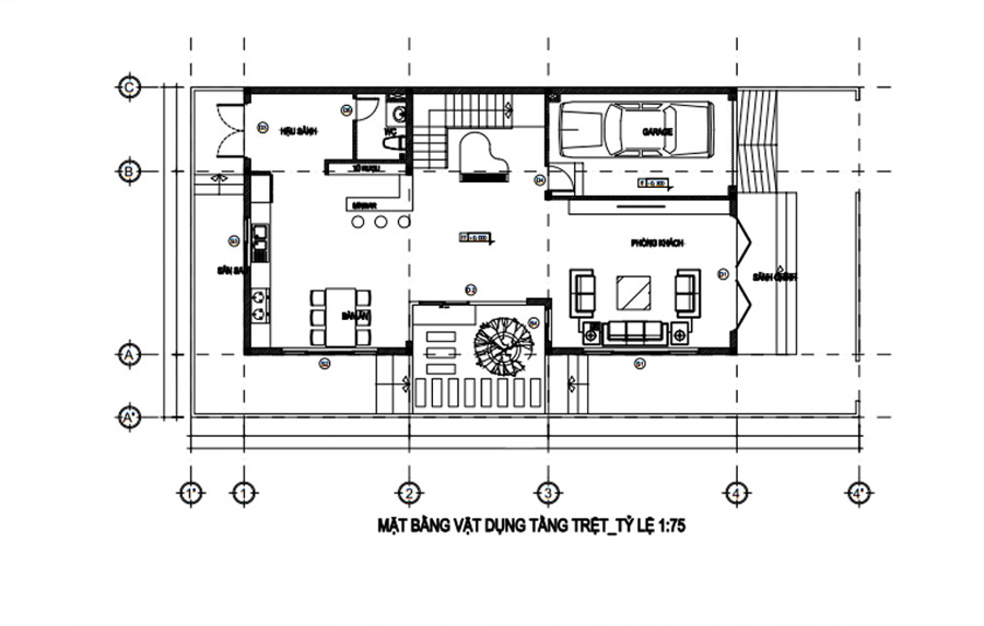 Bản vẽ mặt bằng tầng trệt biệt thự 3 tầng hiện đại