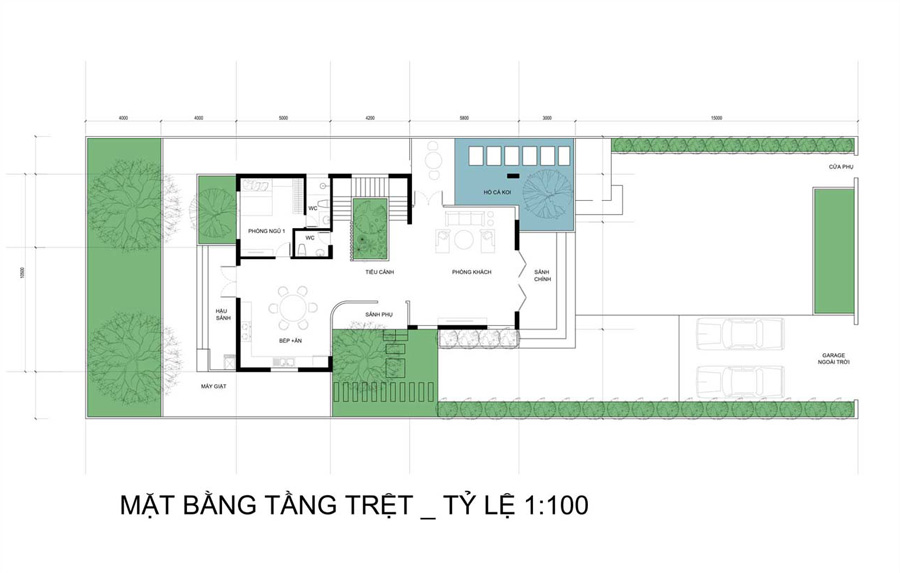 Bản vẽ mặt bằng tầng trệt biệt thự 3 tầng kết hợp sân vườn