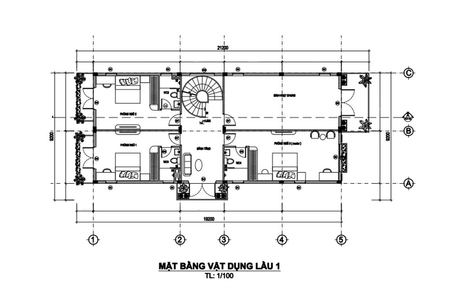 Mặt bằng lầu 1 biệt thự 3 tầng tân cổ điển