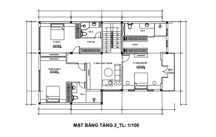 Mặt bằng lầu 1 biệt thự 3 tầng mái thái mặt tiền 9m