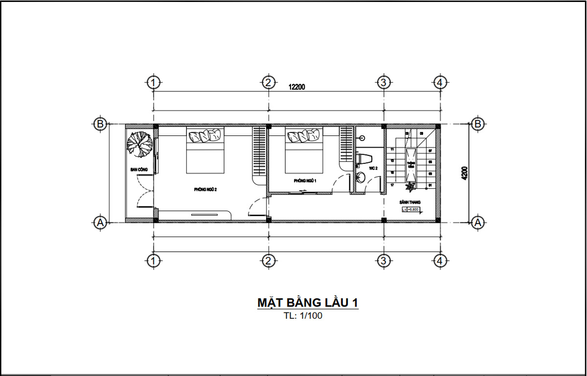 Mặt bằng lầu 1 mẫu nhà ống 4 tầng 1 tum