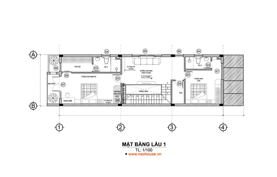 Mặt bằng lầu 1 nhà 1 trệt 1 lầu 3 phòng ngủ 4x20m