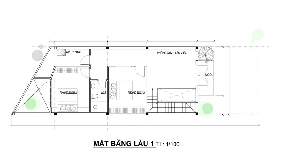 Mặt bằng lầu 1 nhà 1 trệt 1 lầu 3 phòng ngủ 5x20m